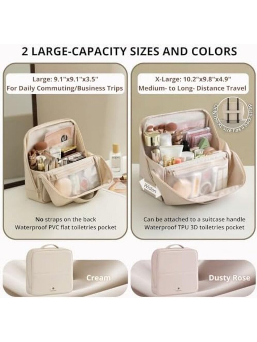 X-Large Waterproof Makeup Bag with Magnetic Flap, Multi-Zone Organizer, Dusty - Picture 2 of 6